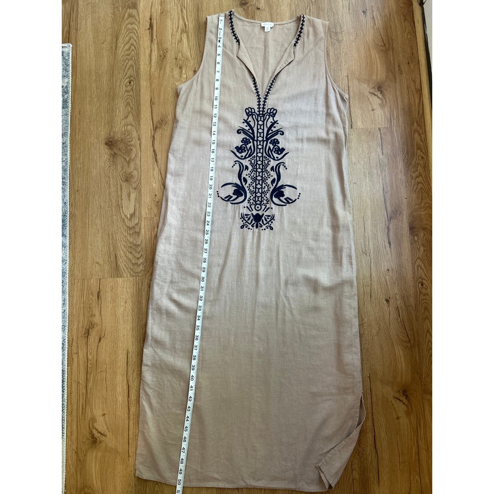 Sigrid Olsen Tan Linen Blend Embroidered Sleeveless Maxi Dress Boho Tan Navy M - Picture 7 of 8